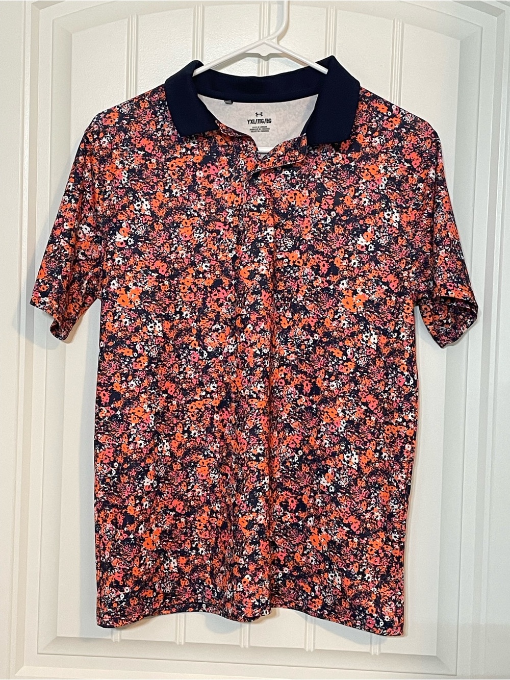 Under Armour Youth XL Navy Collar Pink-Orange Floral Polo